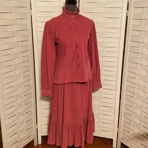 Vintage Clare Joseph 2 piece ruffle corduroy top midi skirt set
